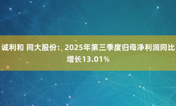 诚利和 同大股份：2025年第三季度归母净利润同比增长13.01%